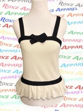 Cream Ribbed Peplum Tank with Black Trim & Bow